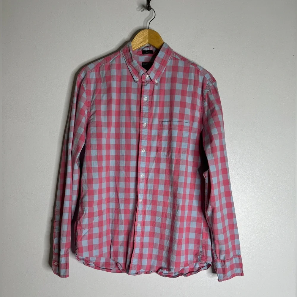 J. Crew Factory L Slim Flex Wash Cotton‎ Plaid Shirt Button Up Top Blue Pink CP